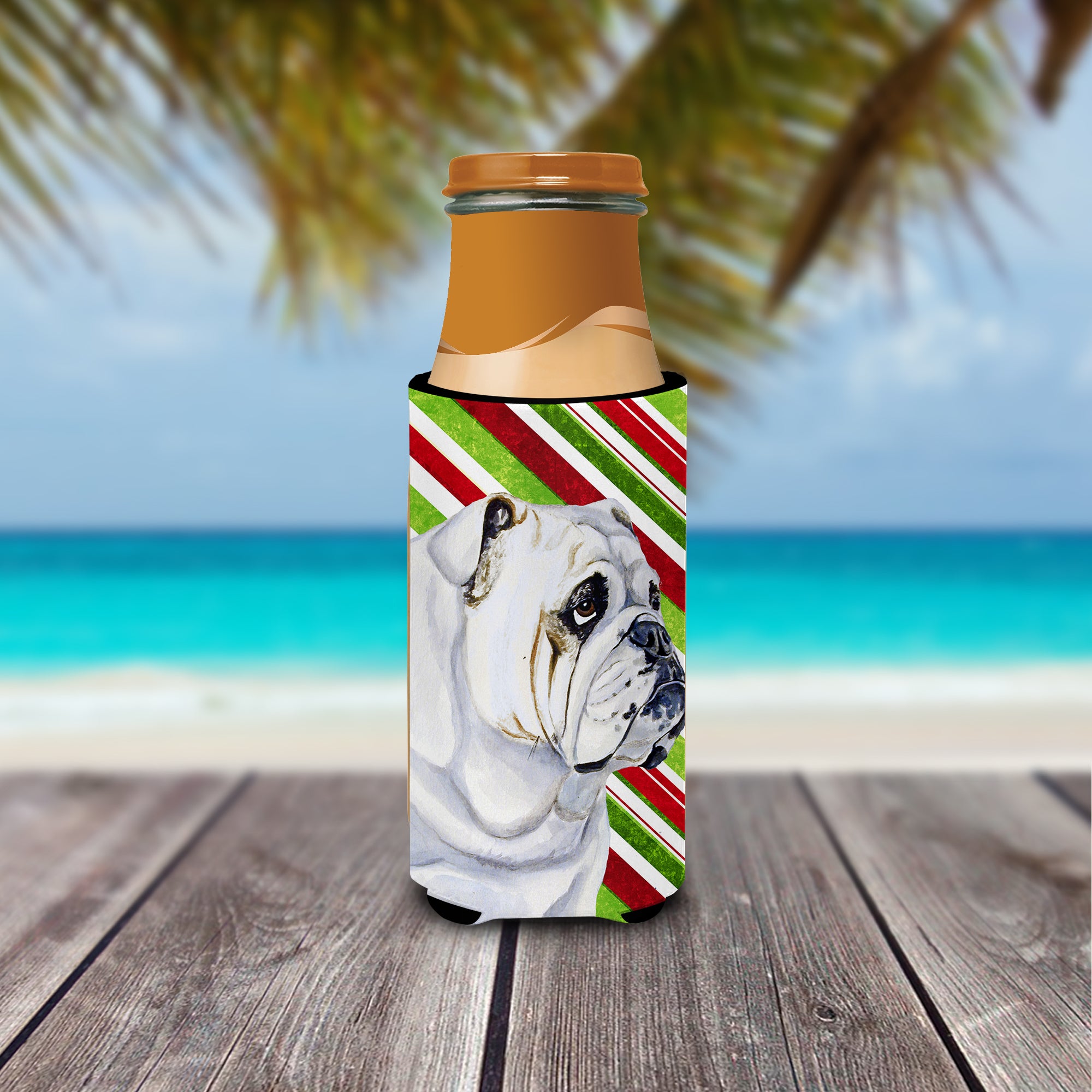 Bulldog English Candy Cane Holiday Christmas Ultra Beverage Insulators for slim cans LH9229MUK.