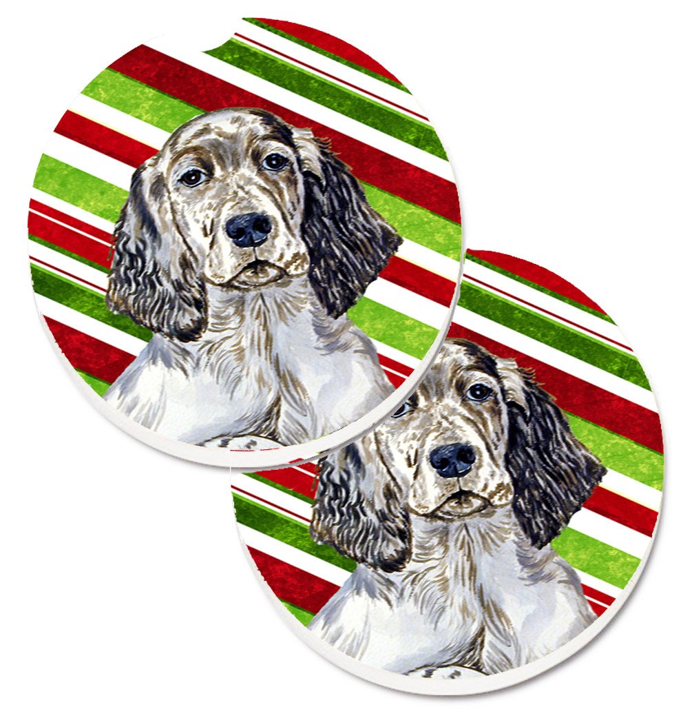 English Setter Candy Cane Holiday Christmas Set of 2 Cup Holder Car Coasters LH9232CARC by Caroline&#39;s Treasures