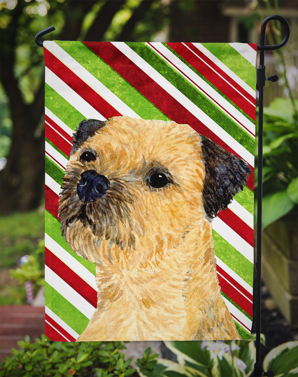 Border Terrier Candy Cane Holiday Christmas  Flag Garden Size.