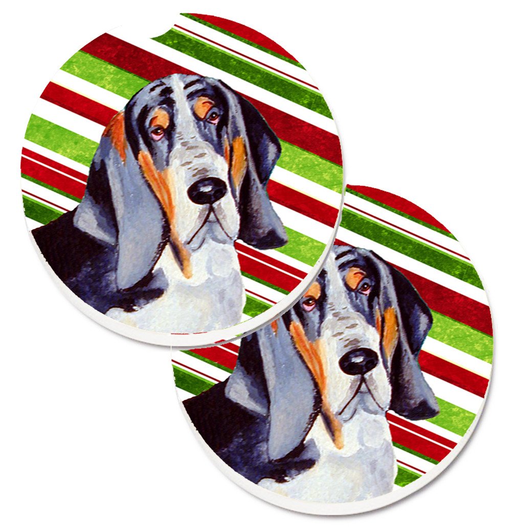 Basset Hound Candy Cane Holiday Christmas Set of 2 Cup Holder Car Coasters LH9237CARC by Caroline&#39;s Treasures