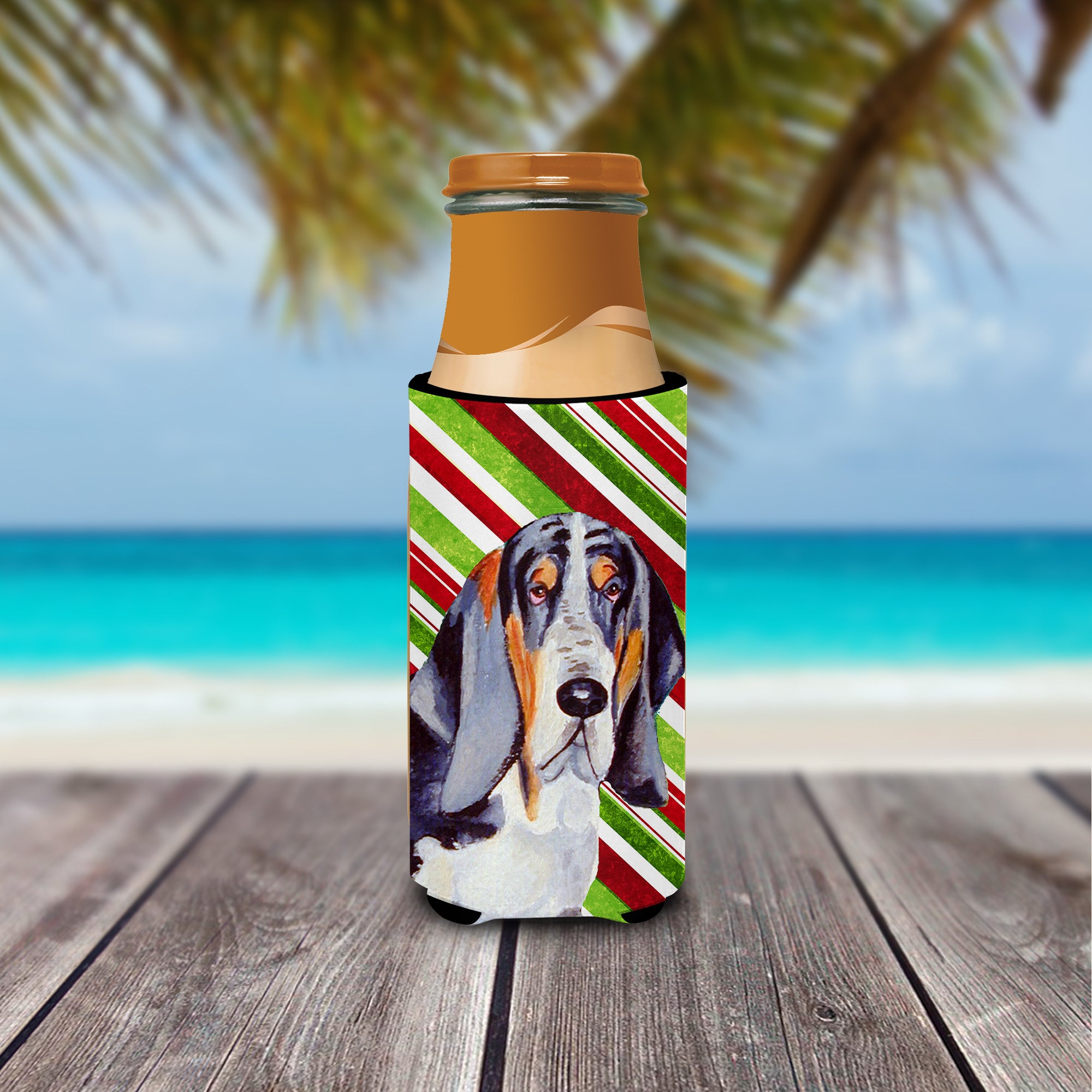 Basset Hound Candy Cane Holiday Christmas Ultra Beverage Insulators for slim cans LH9237MUK.