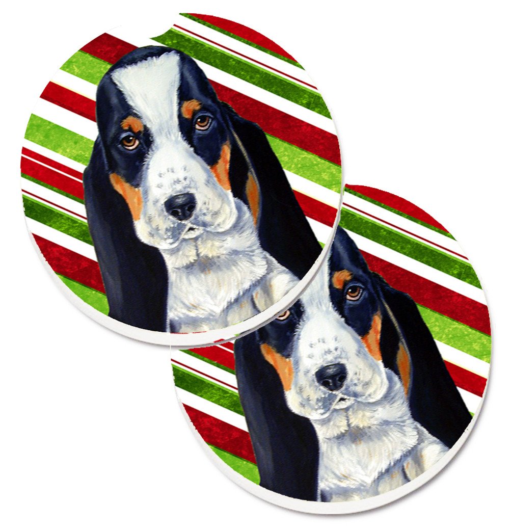 Basset Hound Candy Cane Holiday Christmas Set of 2 Cup Holder Car Coasters LH9239CARC by Caroline&#39;s Treasures