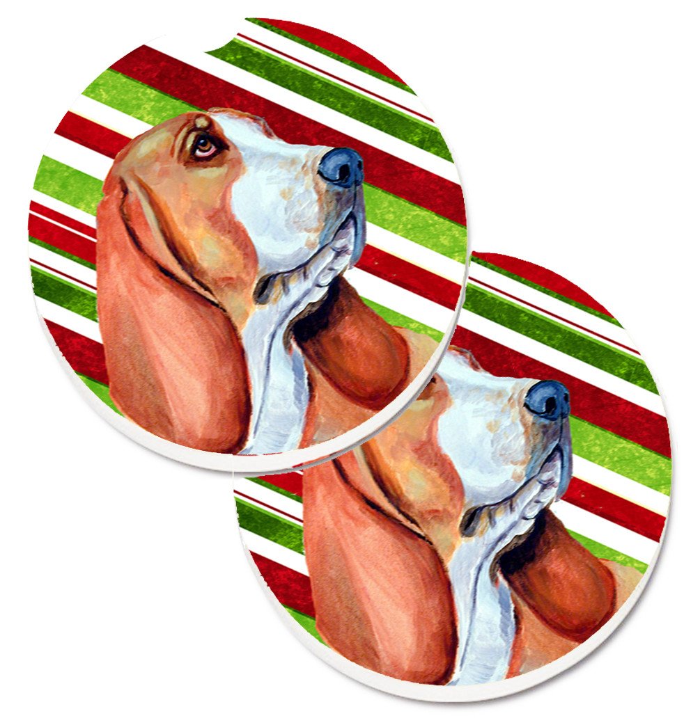 Basset Hound Candy Cane Holiday Christmas Set of 2 Cup Holder Car Coasters LH9242CARC by Caroline&#39;s Treasures