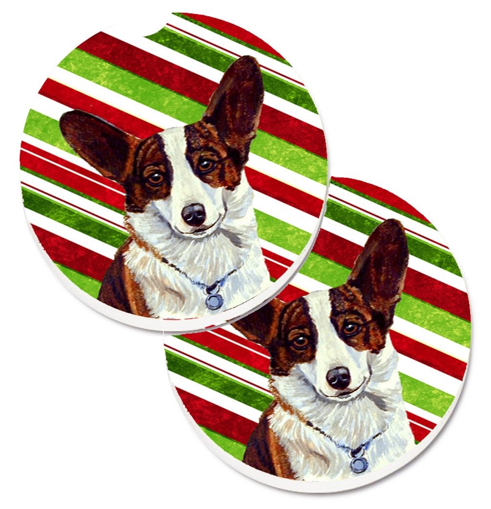 Corgi Candy Cane Holiday Christmas Set of 2 Cup Holder Car Coasters LH9243CARC by Caroline&#39;s Treasures