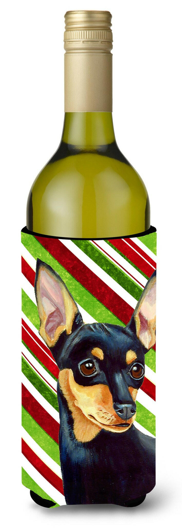 Min Pin Candy Cane Holiday Christmas Wine Bottle Beverage Insulator Beverage Insulator Hugger by Caroline&#39;s Treasures