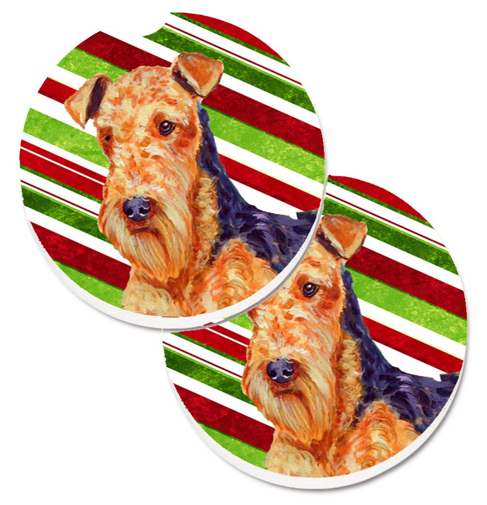 Airedale Candy Cane Holiday Christmas Set of 2 Cup Holder Car Coasters LH9246CARC by Caroline&#39;s Treasures