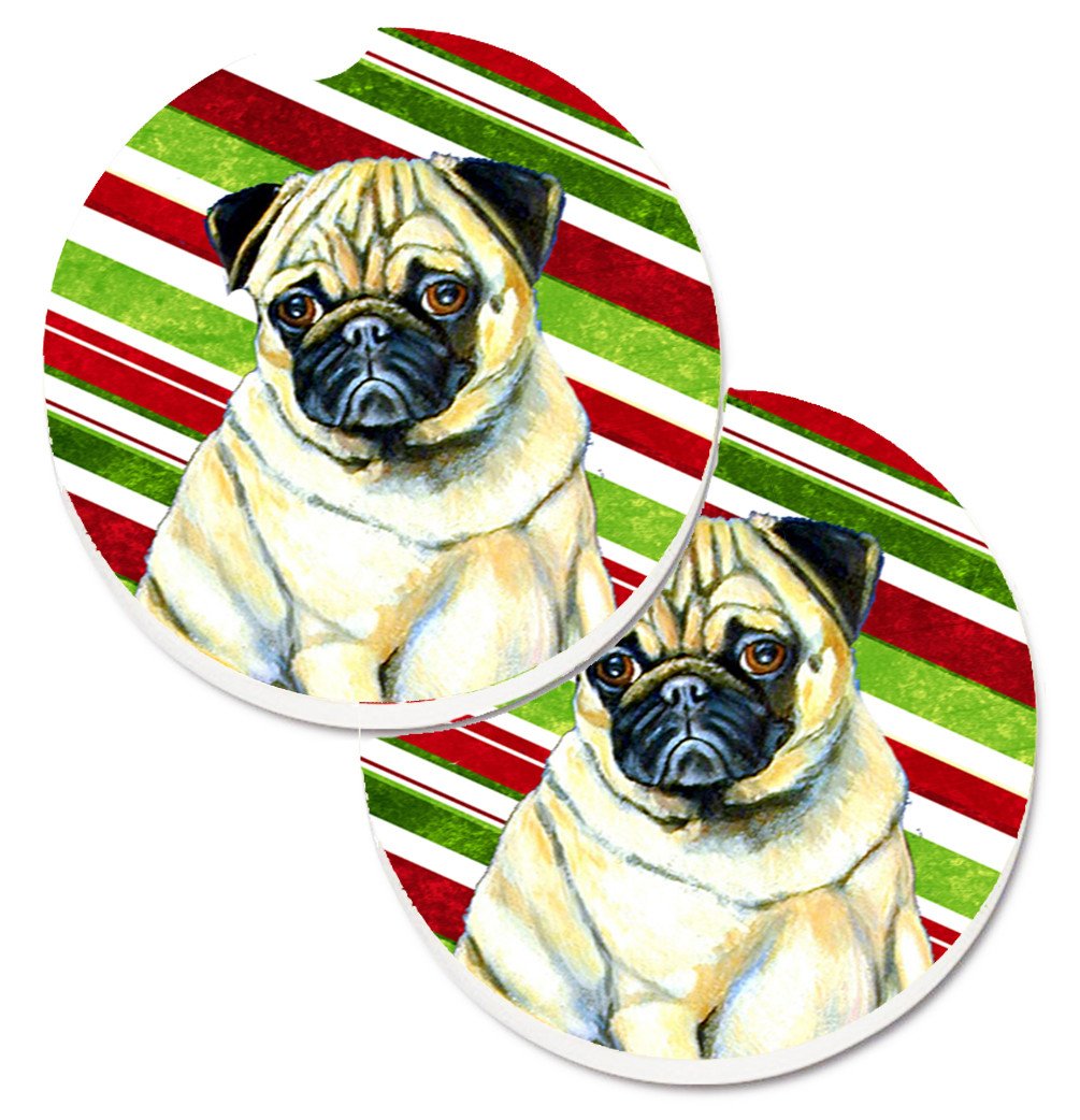 Pug Candy Cane Holiday Christmas Set of 2 Cup Holder Car Coasters LH9252CARC by Caroline&#39;s Treasures