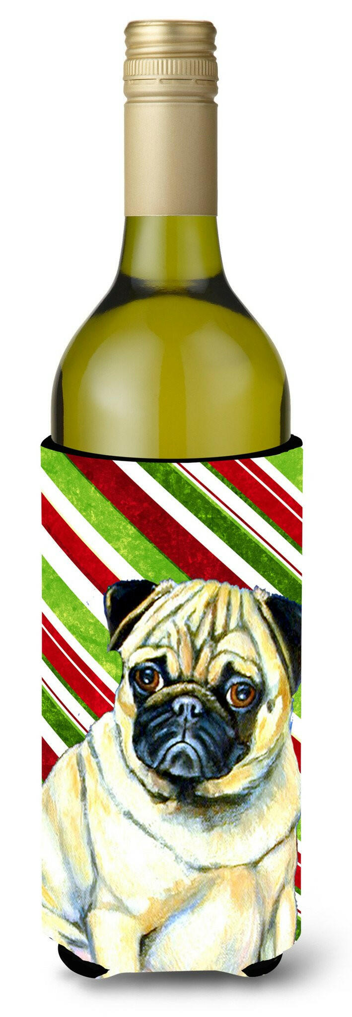 Pug Candy Cane Holiday Christmas Wine Bottle Beverage Insulator Beverage Insulator Hugger by Caroline&#39;s Treasures