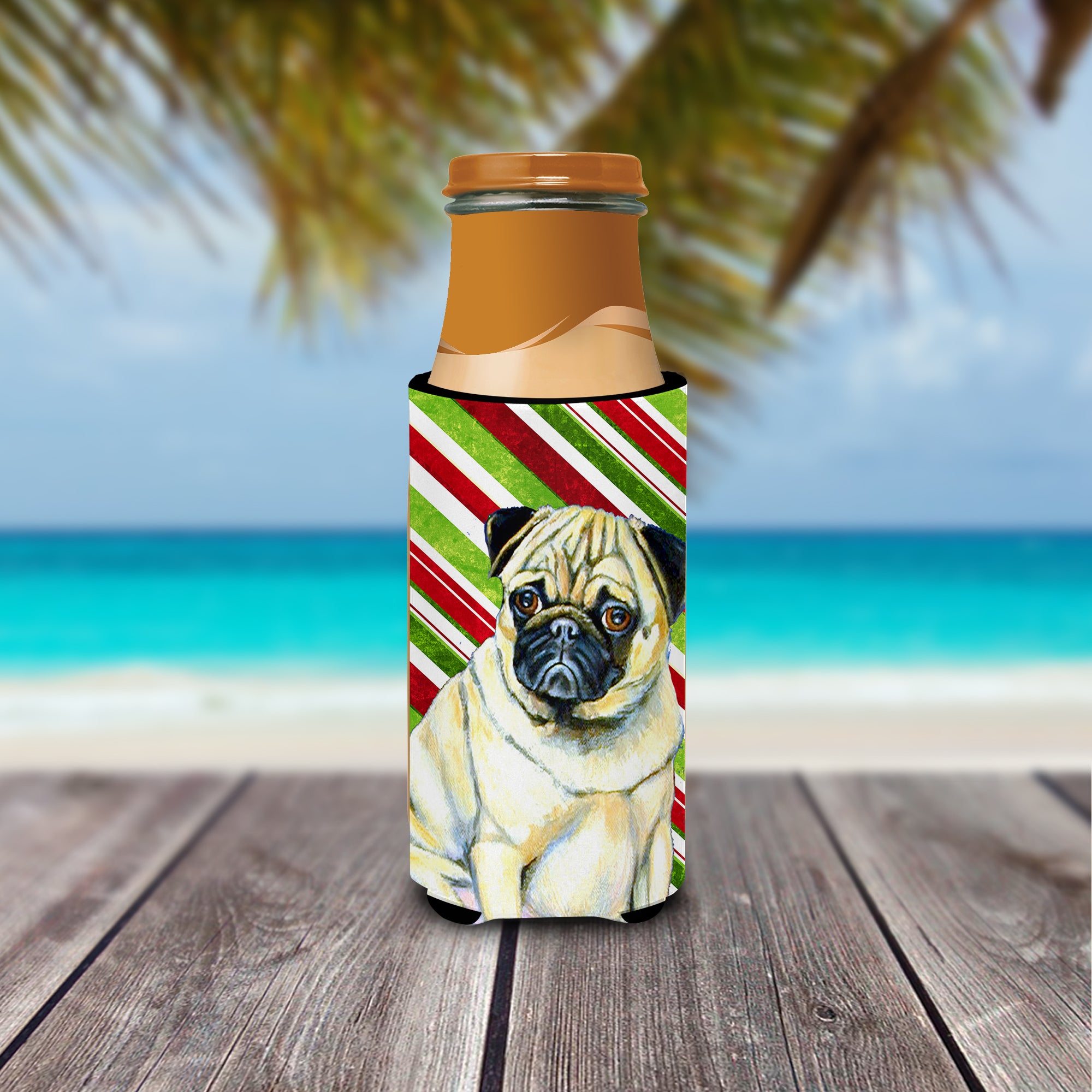 Pug Candy Cane Holiday Christmas Ultra Beverage Insulators for slim cans LH9252MUK.