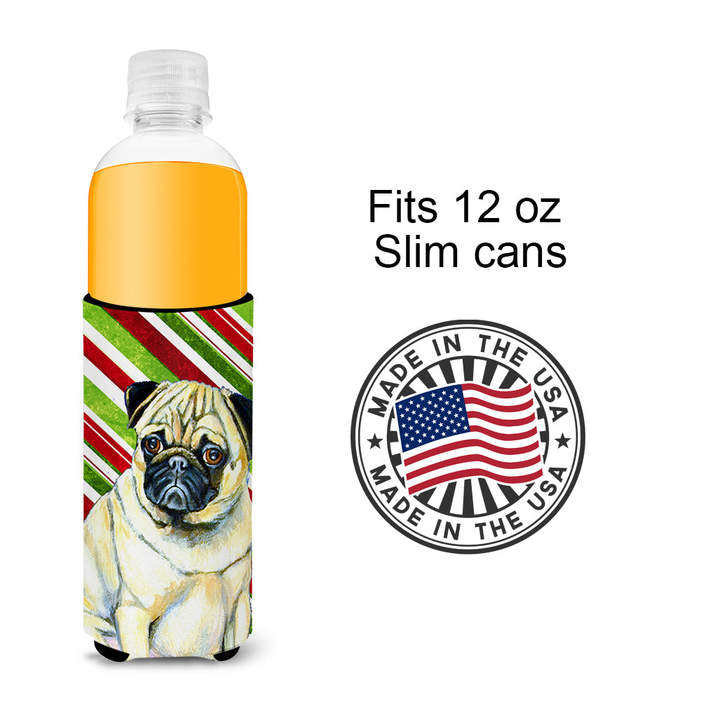 Pug Candy Cane Holiday Christmas Ultra Beverage Insulators for slim cans LH9252MUK.