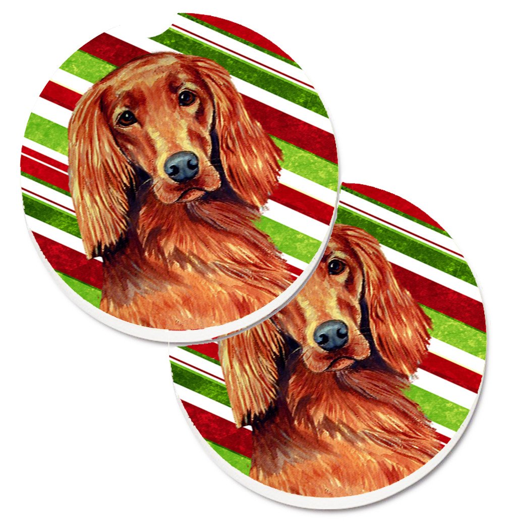 Irish Setter Candy Cane Holiday Christmas Set of 2 Cup Holder Car Coasters LH9254CARC by Caroline&#39;s Treasures