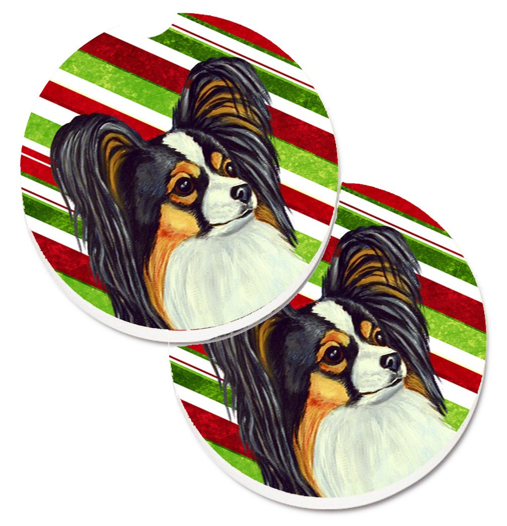 Papillon Candy Cane Holiday Christmas Set of 2 Cup Holder Car Coasters LH9255CARC by Caroline's Treasures