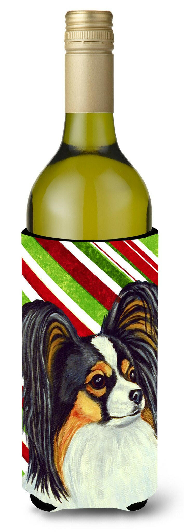 Papillon Candy Cane Holiday Christmas Wine Bottle Beverage Insulator Beverage Insulator Hugger by Caroline's Treasures