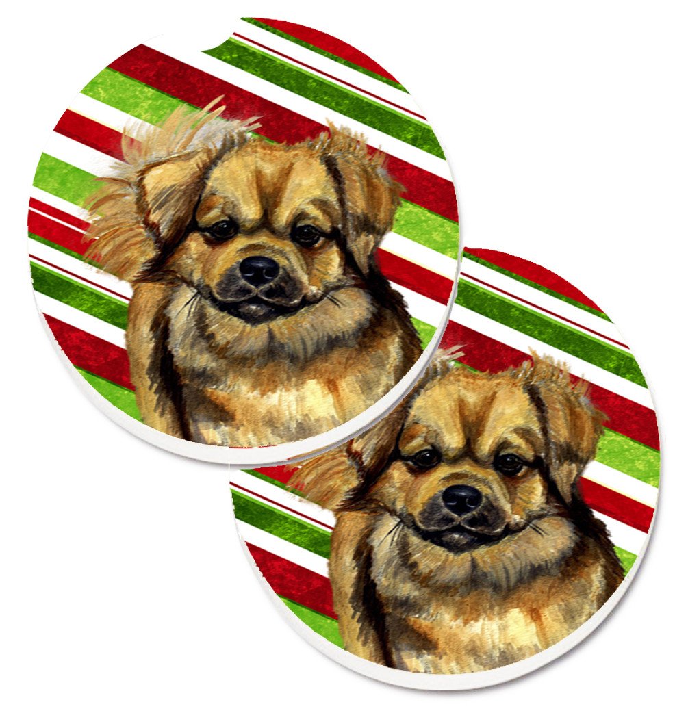 Tibetan Spaniel Candy Cane Holiday Christmas Set of 2 Cup Holder Car Coasters LH9259CARC by Caroline&#39;s Treasures