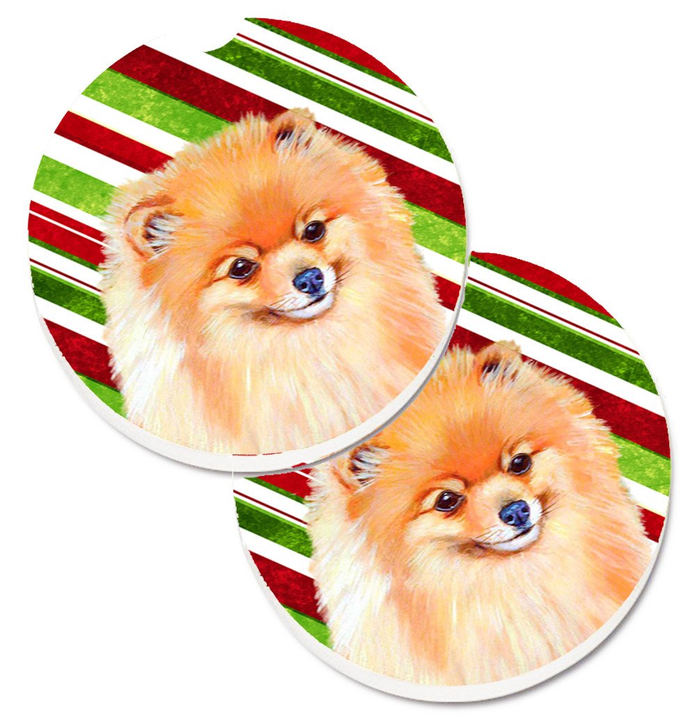 Pomeranian Candy Cane Holiday Christmas Set of 2 Cup Holder Car Coasters LH9260CARC by Caroline&#39;s Treasures