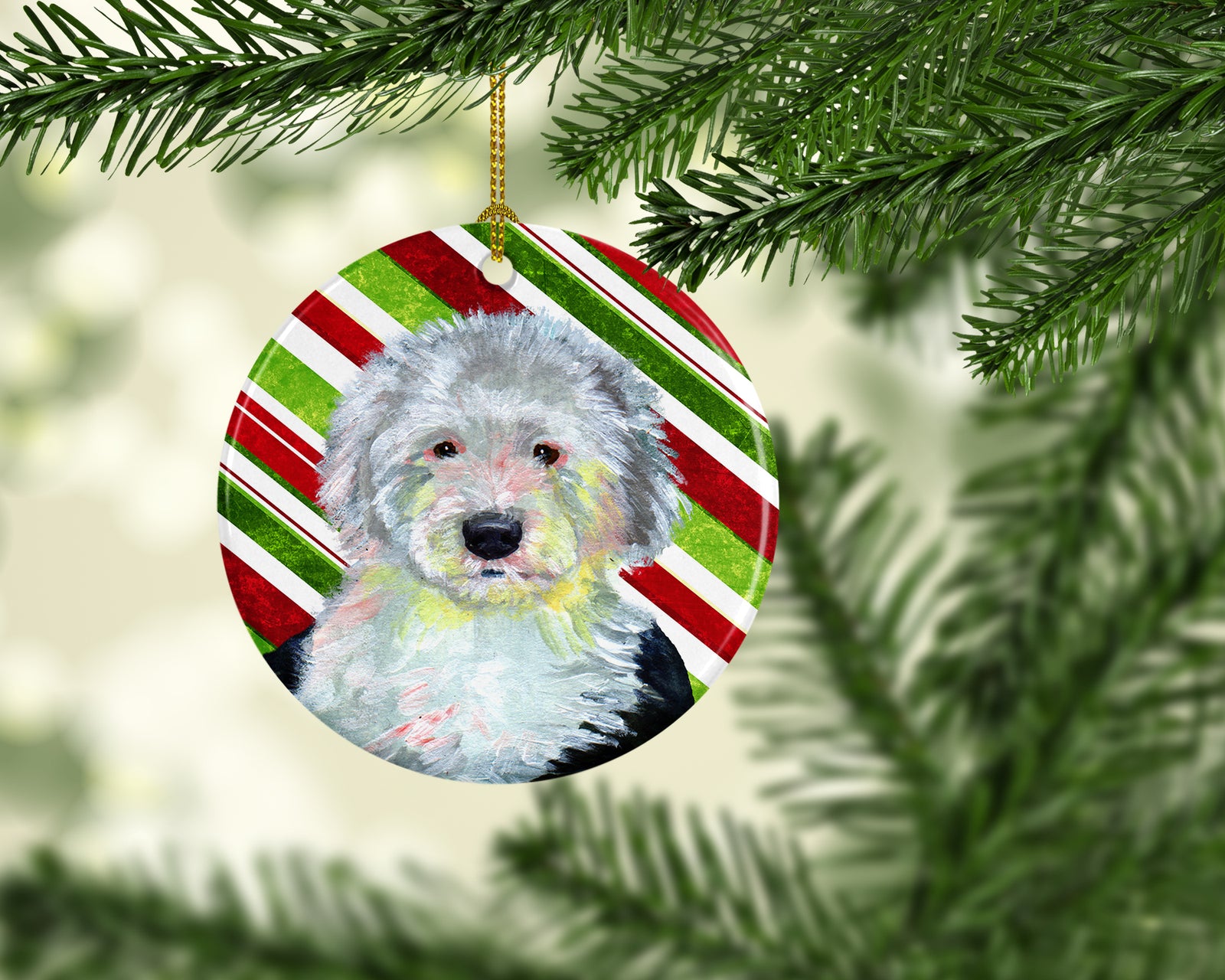 Caroline's Treasures Old English Sheepdog Candy Cane Holiday Christmas Ornament - Round Ceramic Ornament – Artist-Designed Keepsake Decoration LH9261