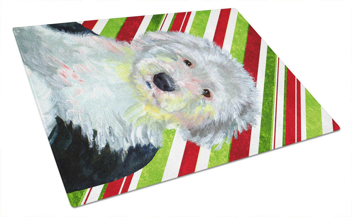 Old English Sheepdog Candy Cane Holiday Christmas Glass Cutting Board Large by Caroline&#39;s Treasures