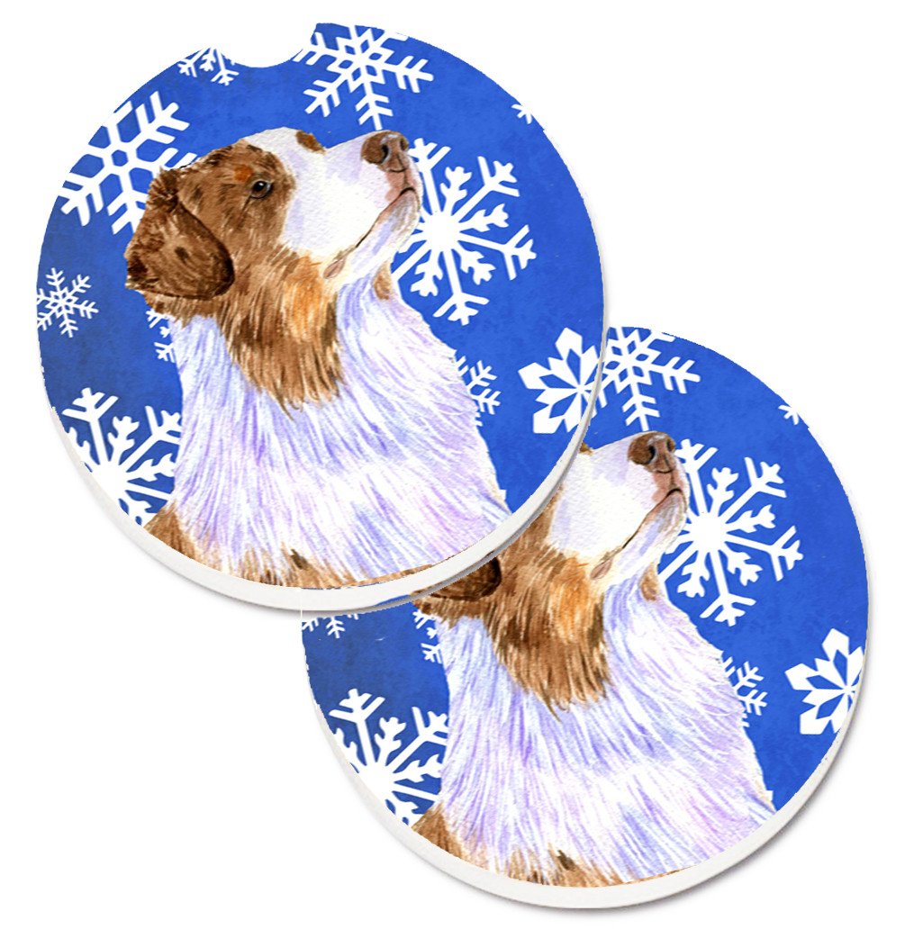 Australian Shepherd Winter Snowflakes Holiday Set of 2 Cup Holder Car Coasters LH9273CARC by Caroline&#39;s Treasures