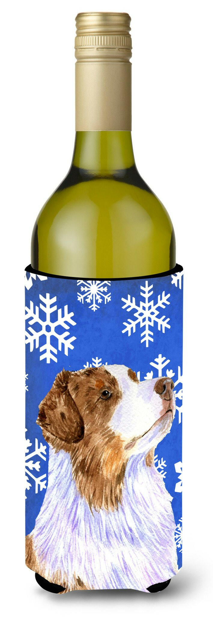 Australian Shepherd Winter Snowflakes Holiday Wine Bottle Beverage Insulator Beverage Insulator Hugger by Caroline&#39;s Treasures