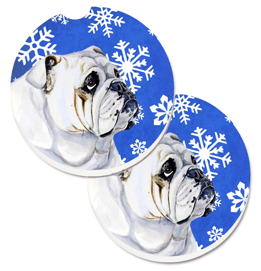 Bulldog English Winter Snowflakes Holiday Set of 2 Cup Holder Car Coasters LH9274CARC by Caroline&#39;s Treasures