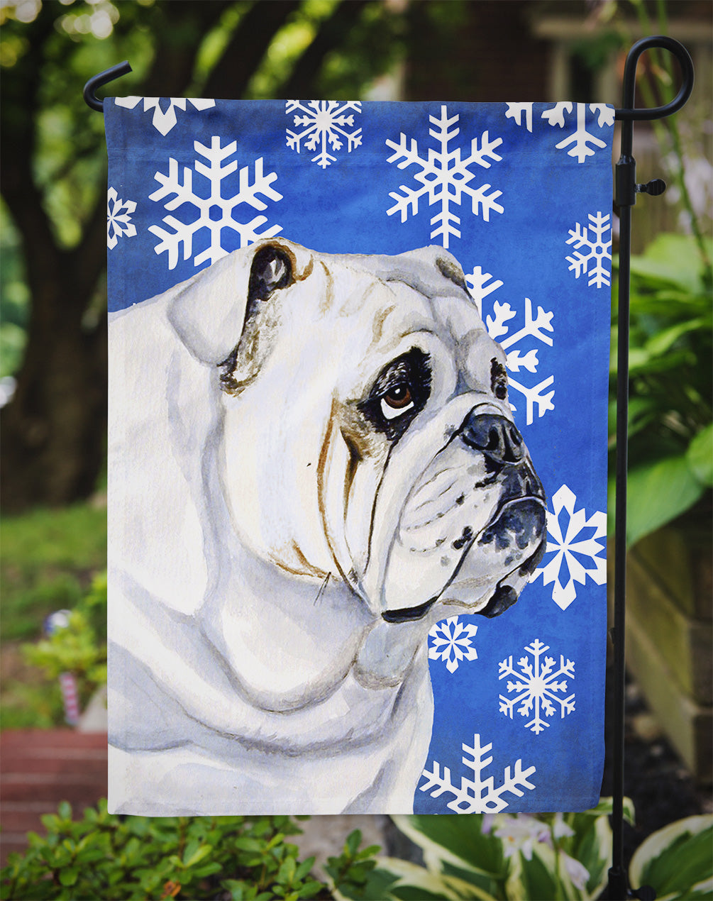 Bulldog English Winter Snowflakes Holiday Flag Garden Size.