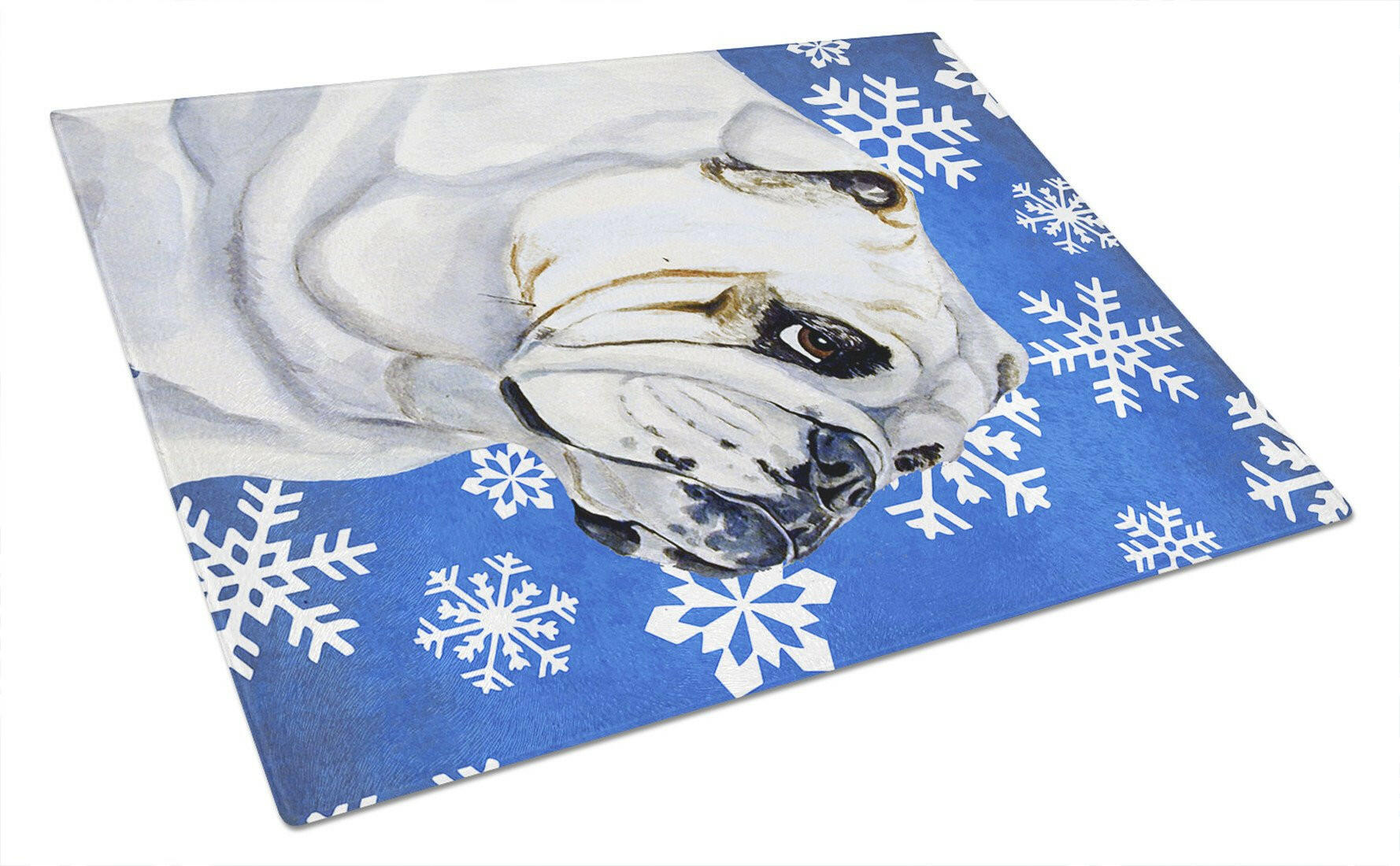 Bulldog English Winter Snowflakes Holiday Glass Cutting Board Large by Caroline's Treasures