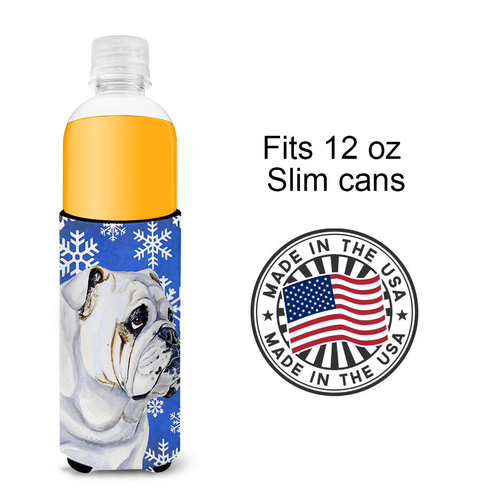 Bulldog English Winter Snowflakes Holiday Ultra Beverage Insulators for slim cans LH9274MUK.