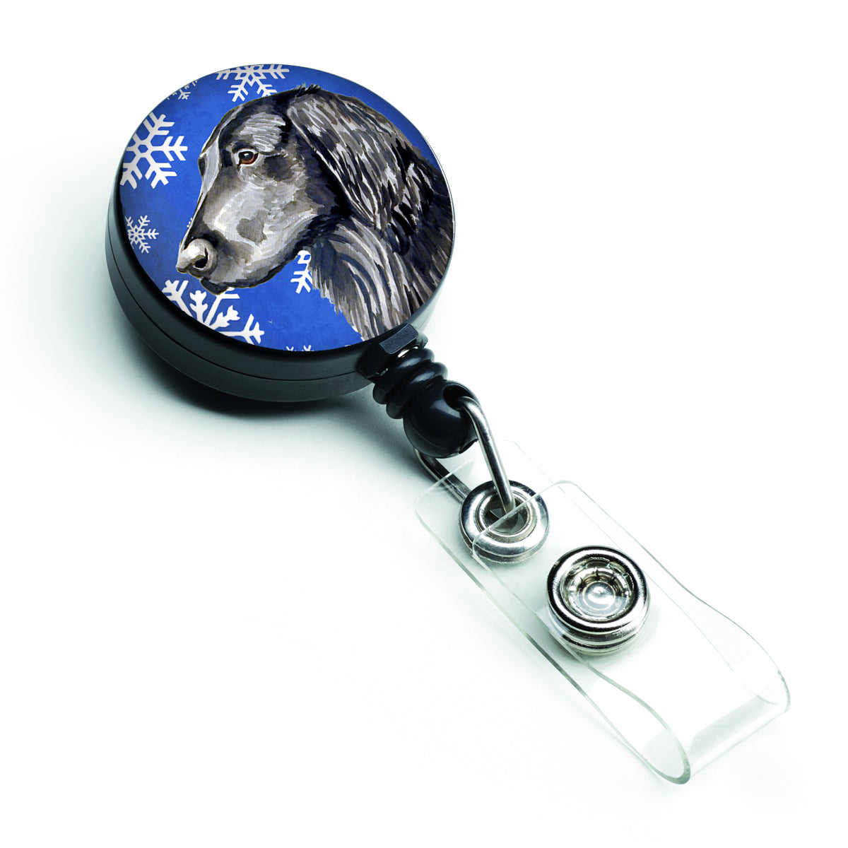 Flat Coated Retriever Winter Snowflakes Holiday Retractable Badge Reel LH9276BR  the-store.com.