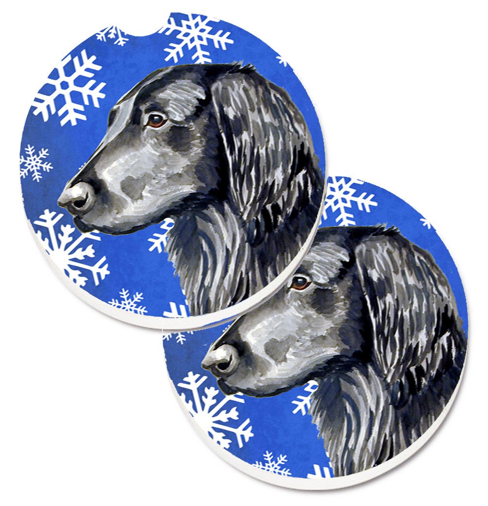 Flat Coated Retriever Winter Snowflakes Holiday Set of 2 Cup Holder Car Coasters LH9276CARC by Caroline&#39;s Treasures