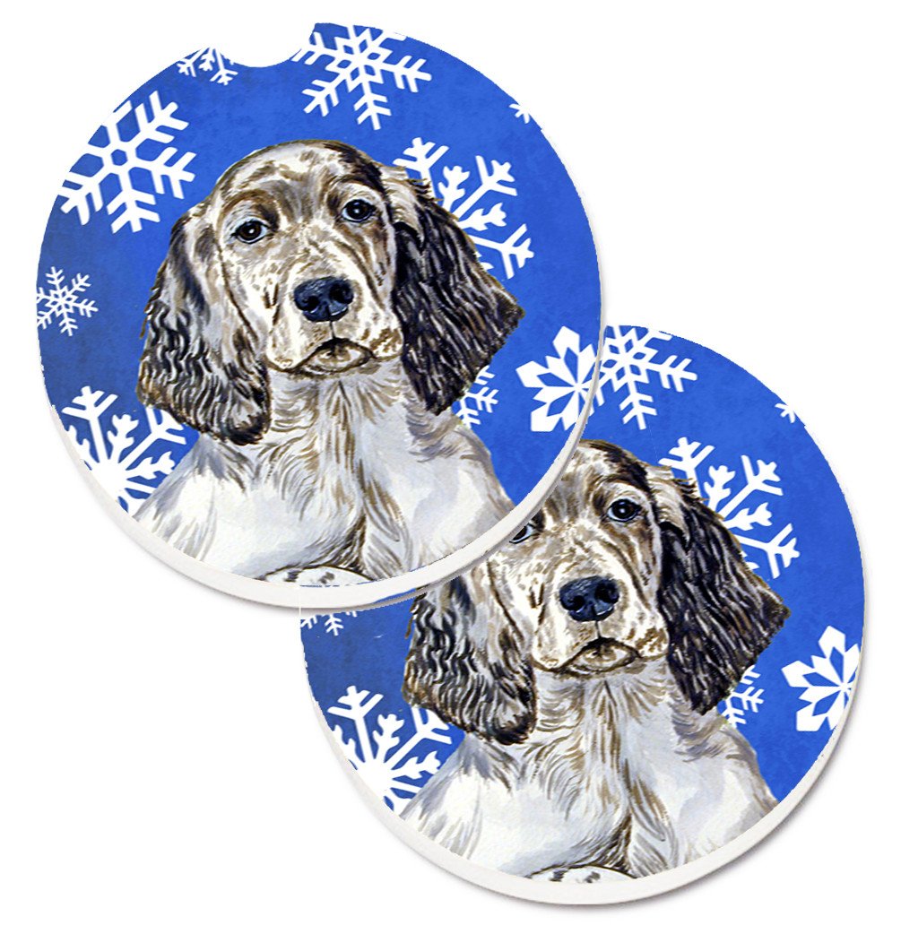 English Setter Winter Snowflakes Holiday Set of 2 Cup Holder Car Coasters LH9277CARC by Caroline&#39;s Treasures