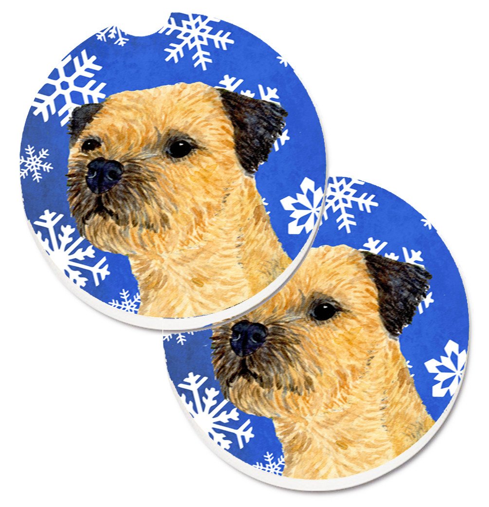 Border Terrier Winter Snowflakes Holiday Set of 2 Cup Holder Car Coasters LH9278CARC by Caroline's Treasures
