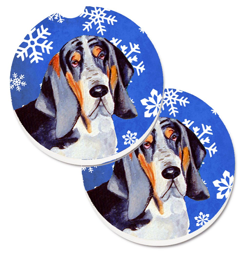 Basset Hound Winter Snowflakes Holiday Set of 2 Cup Holder Car Coasters LH9282CARC by Caroline&#39;s Treasures