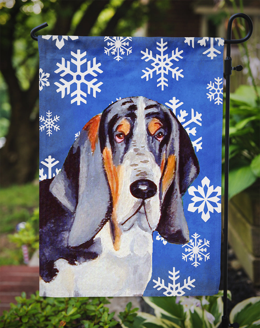 Basset Hound Winter Snowflakes Holiday Flag Garden Size.