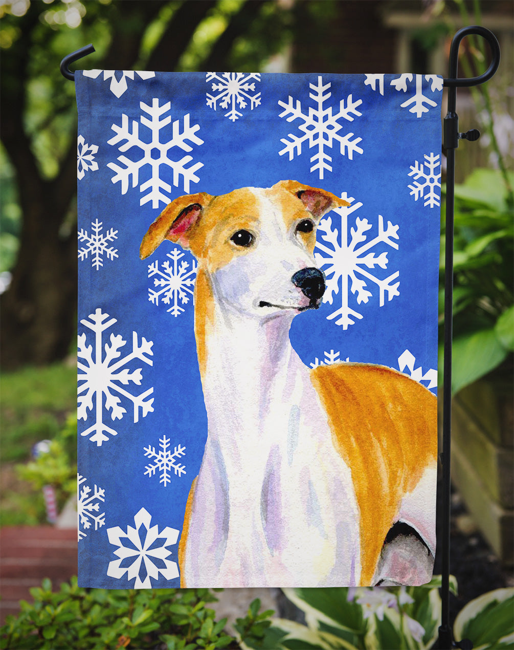Whippet Winter Snowflakes Holiday Flag Garden Size