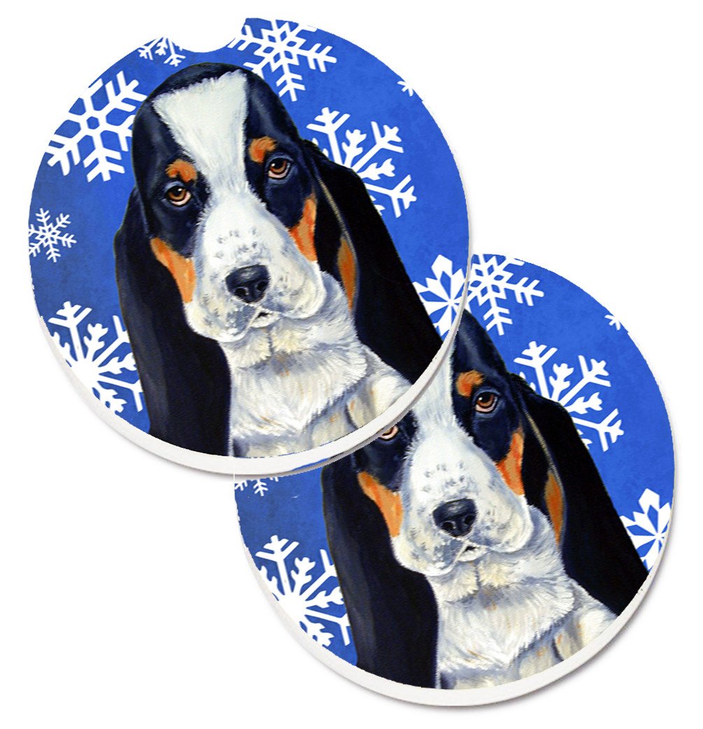Basset Hound Winter Snowflakes Holiday Set of 2 Cup Holder Car Coasters LH9284CARC by Caroline&#39;s Treasures