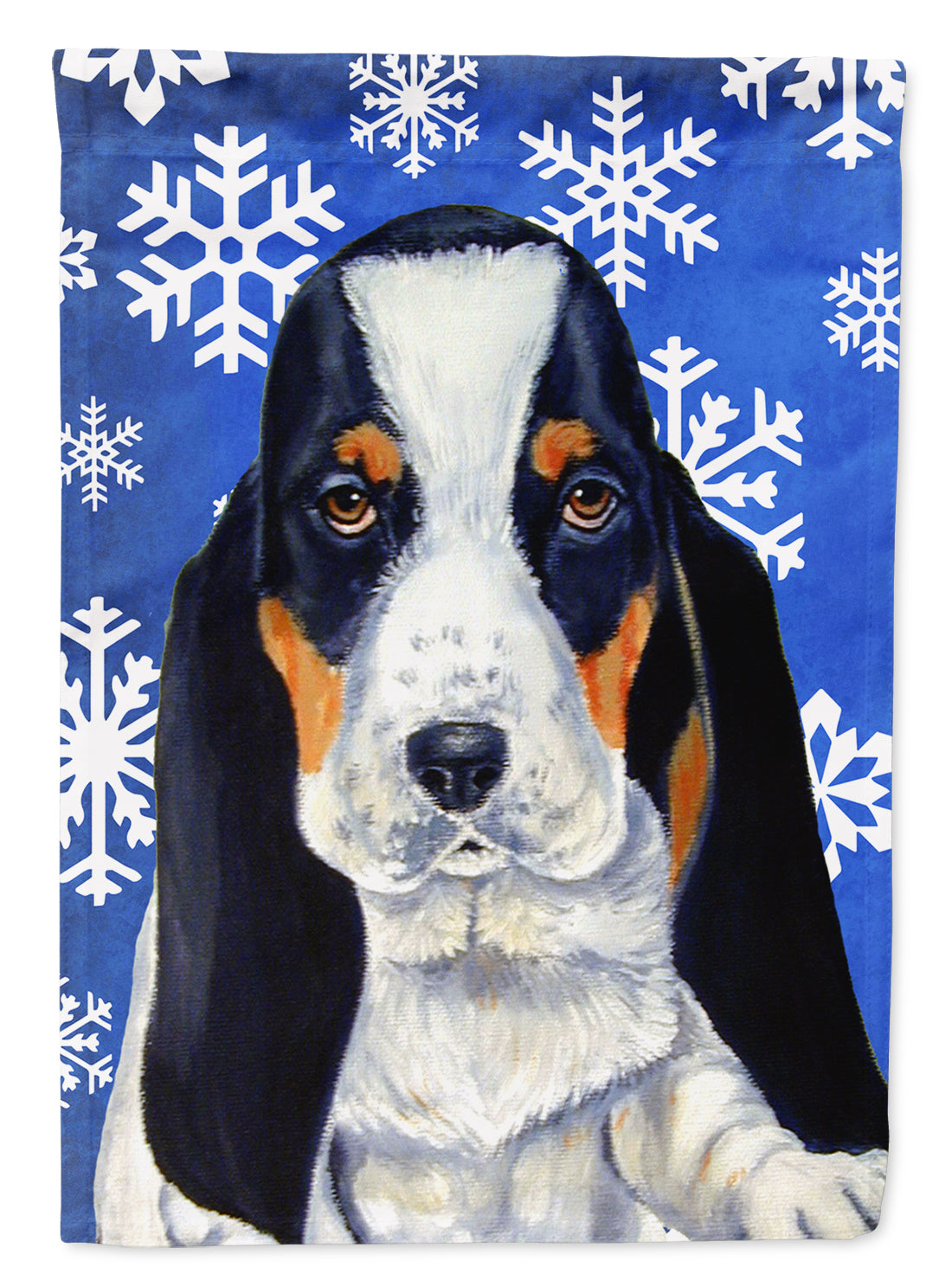 Basset Hound Winter Snowflakes Holiday Flag Canvas House Size  the-store.com.