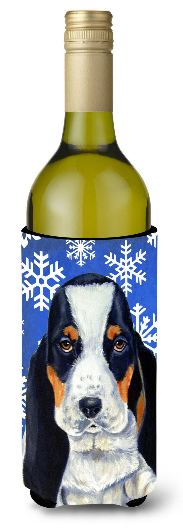 Basset Hound Winter Snowflakes Holiday Wine Bottle Beverage Insulator Beverage Insulator Hugger LH9284LITERK by Caroline&#39;s Treasures