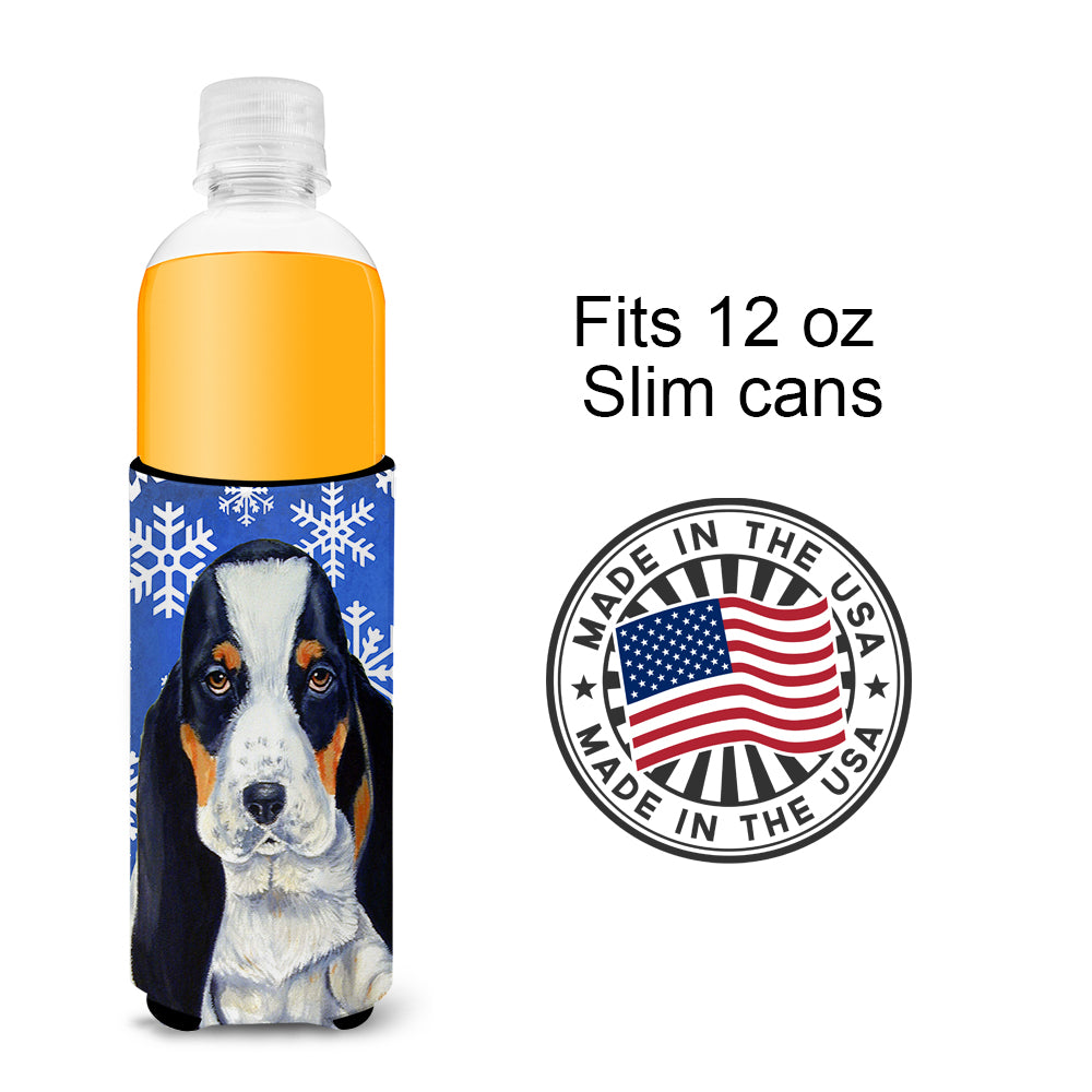Basset Hound Winter Snowflakes Holiday Ultra Beverage Insulators for slim cans LH9284MUK