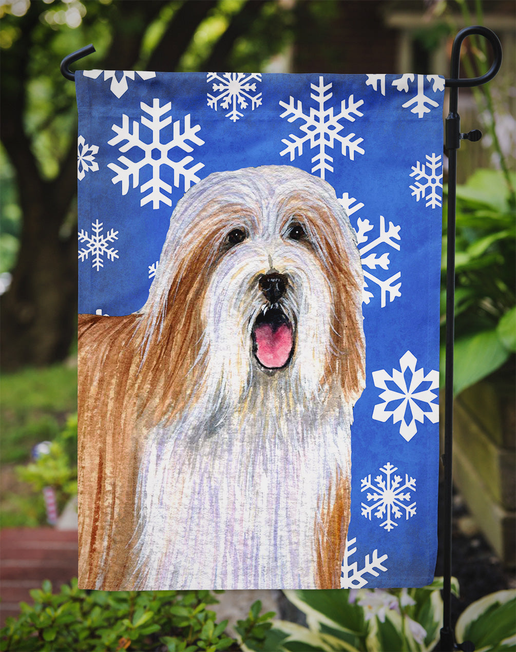 Bearded Collie Winter Snowflakes Holiday Flag Garden Size.