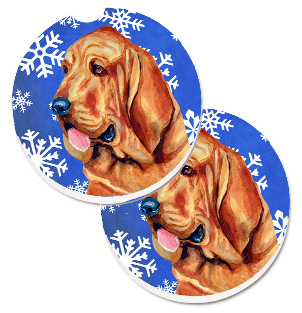 Bloodhound Winter Snowflakes Holiday Set of 2 Cup Holder Car Coasters LH9286CARC by Caroline's Treasures