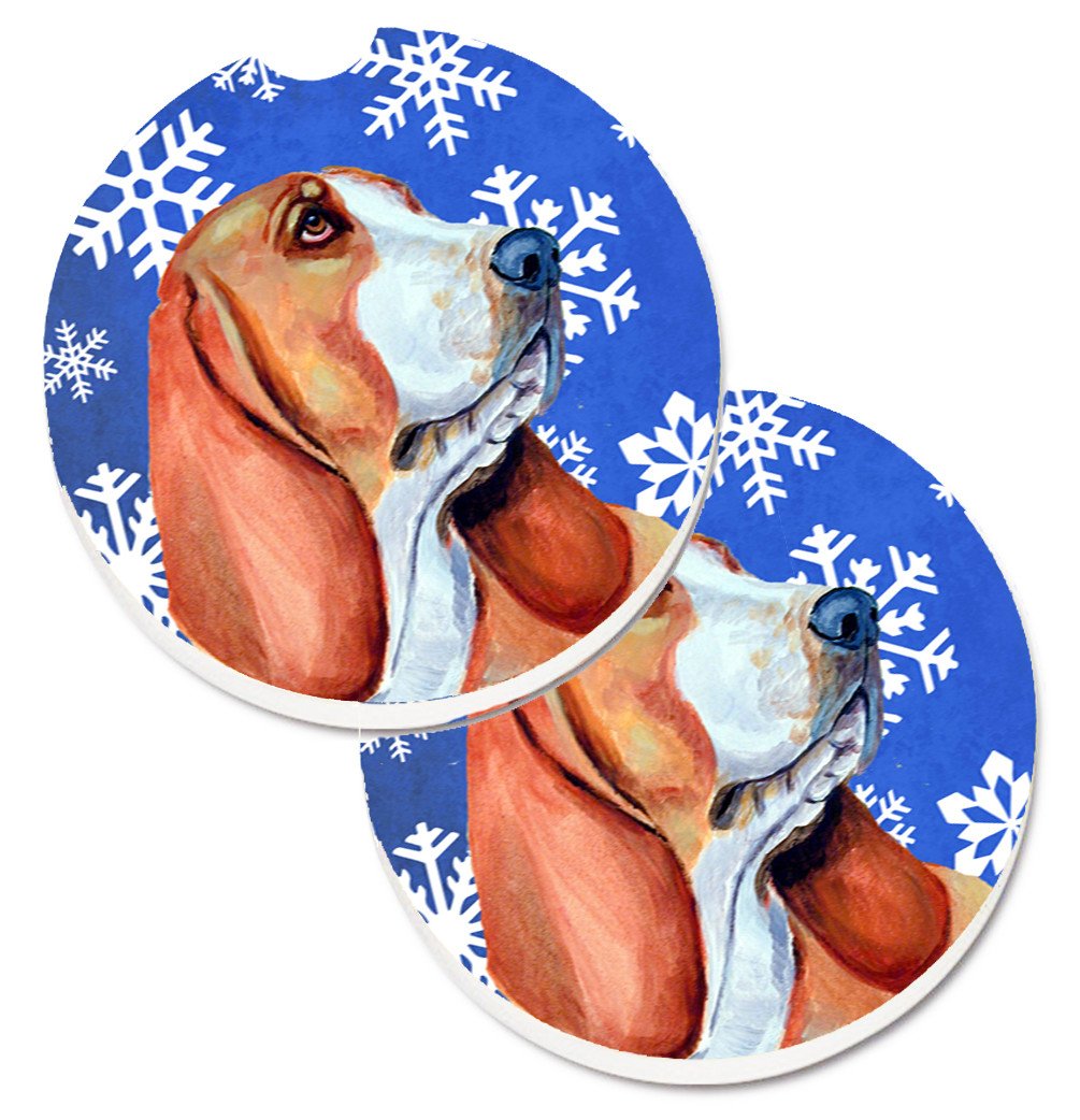 Basset Hound Winter Snowflakes Holiday Set of 2 Cup Holder Car Coasters LH9287CARC by Caroline's Treasures