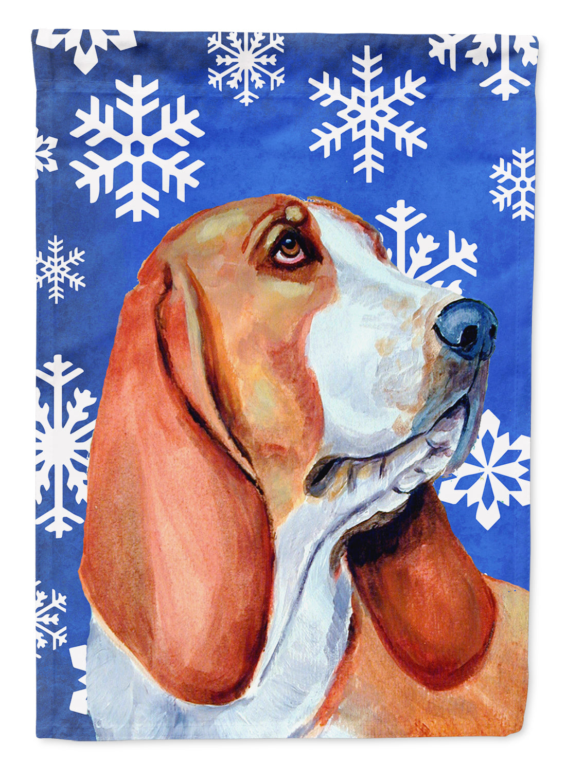 Basset Hound Winter Snowflakes Holiday Flag Canvas House Size  the-store.com.