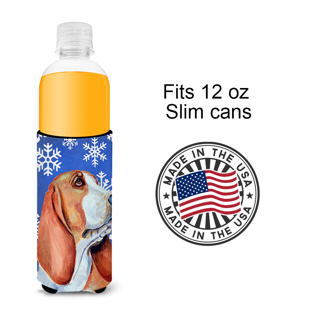 Basset Hound Winter Snowflakes Holiday Ultra Beverage Insulators for slim cans LH9287MUK.