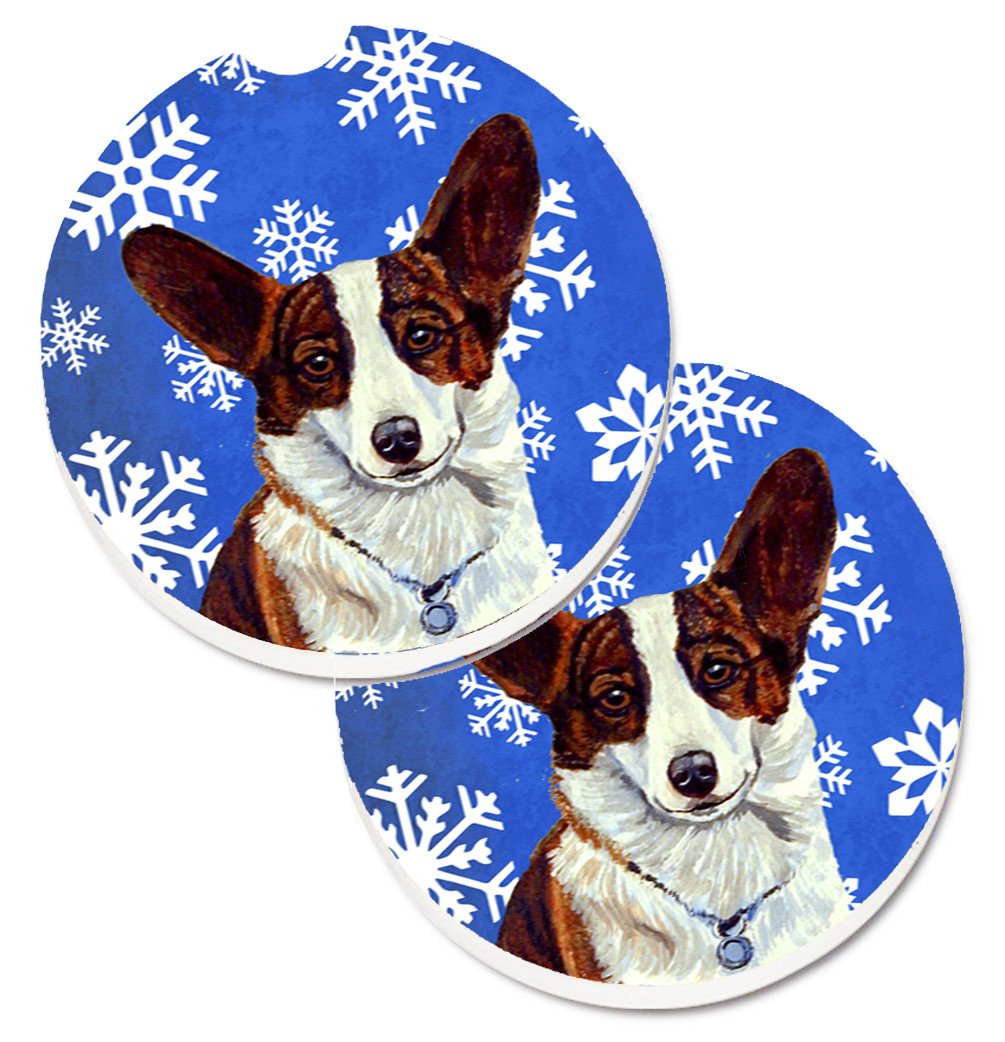 Corgi Winter Snowflakes Holiday Set of 2 Cup Holder Car Coasters LH9288CARC by Caroline's Treasures