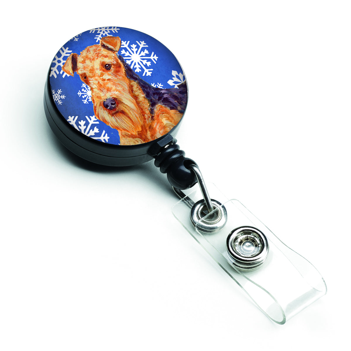 Airedale Winter Snowflakes Holiday Retractable Badge Reel LH9291BR