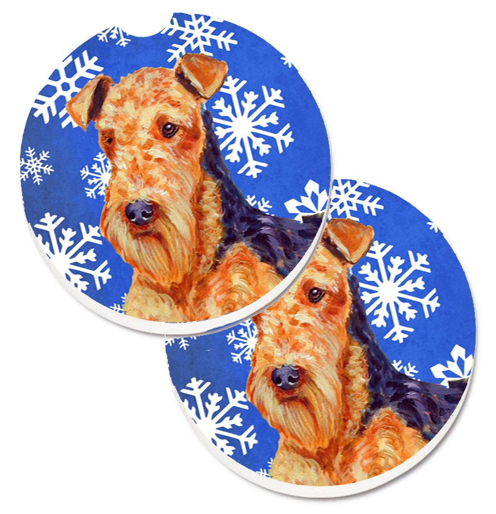Airedale Winter Snowflakes Holiday Set of 2 Cup Holder Car Coasters LH9291CARC by Caroline&#39;s Treasures