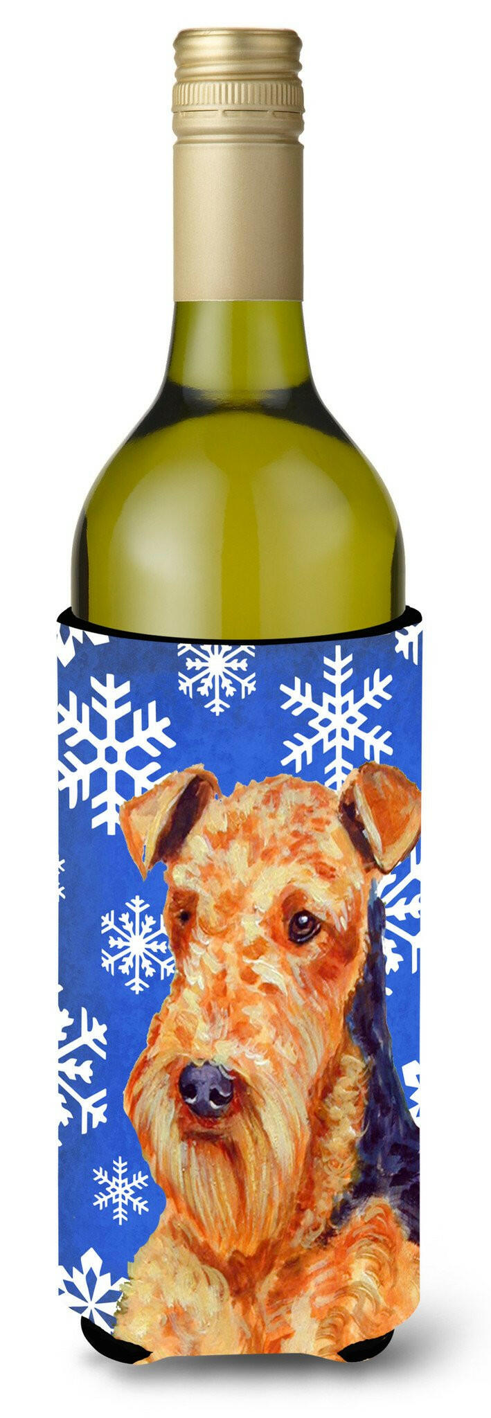 Airedale Winter Snowflakes Holiday Wine Bottle Beverage Insulator Beverage Insulator Hugger by Caroline's Treasures