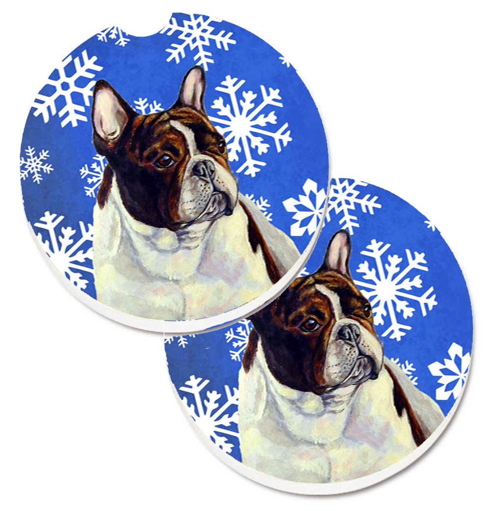 French Bulldog Winter Snowflakes Holiday Set of 2 Cup Holder Car Coasters LH9292CARC by Caroline&#39;s Treasures