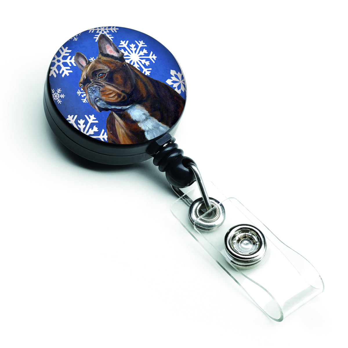 French Bulldog Winter Snowflakes Holiday Retractable Badge Reel LH9295BR  the-store.com.
