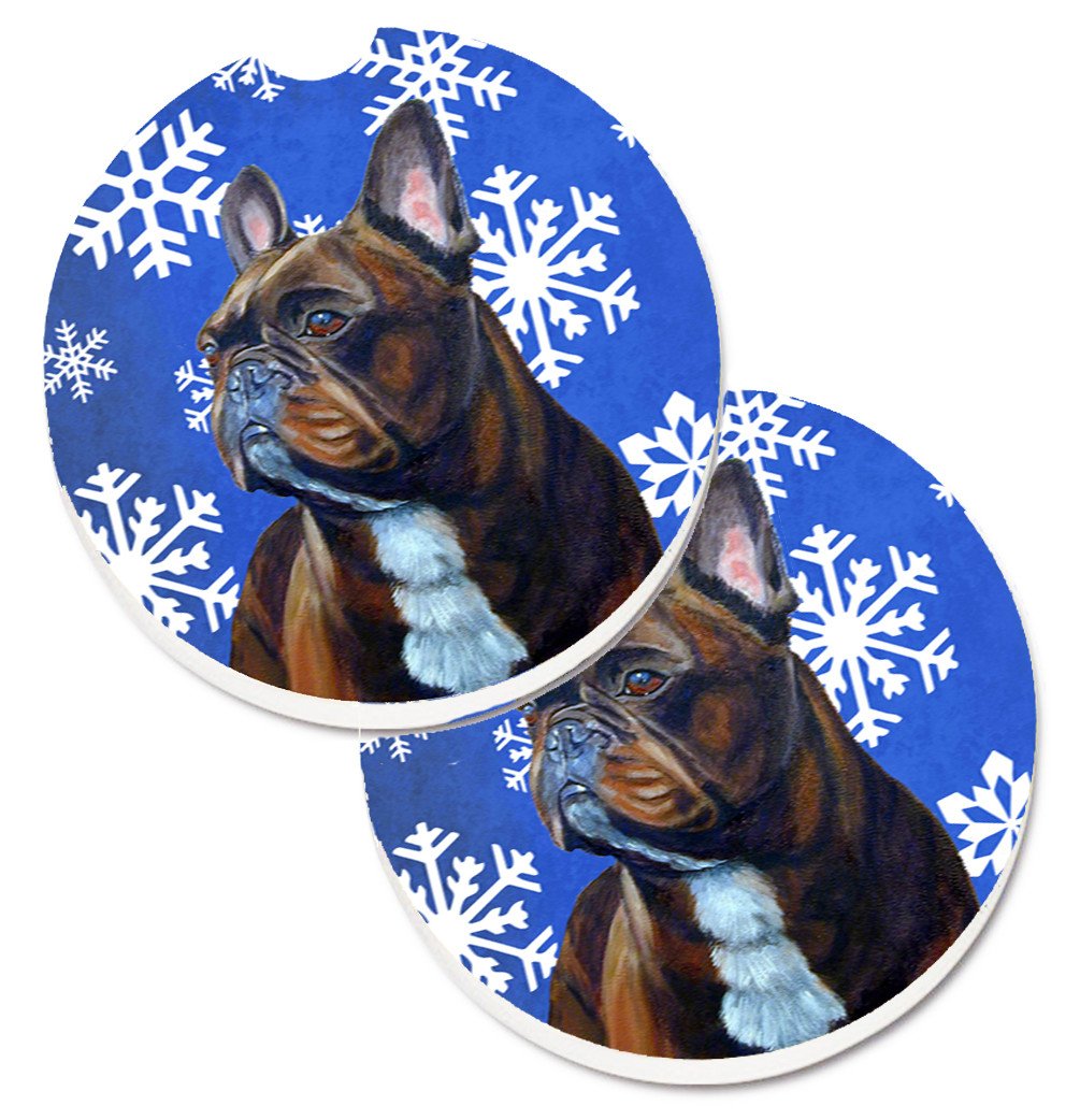 French Bulldog Winter Snowflakes Holiday Set of 2 Cup Holder Car Coasters LH9295CARC by Caroline&#39;s Treasures